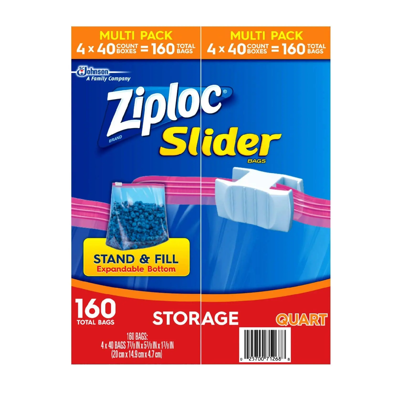 Ziploc Slider Seal Storage Bags - Qt Size, 160 pcs, Stand-Up Food Storage Containers with Flat Base, Home Supplies Organizer