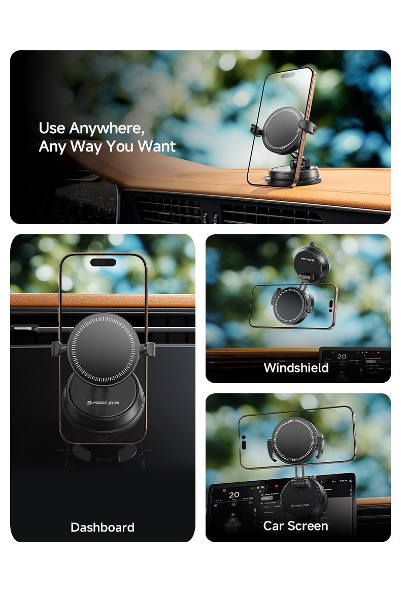 MAGIC JOHN Clip-On Car Phone Holder, Strong Magnetic Grip, Non-Slip Foldable Stand, 360° Adjustable, for Car Navigation & Home Use — Works with or without Magnetic Phones MAGIC JOHN Clip-On Car Phone Holder, Strong Magnetic Grip, Non-Slip Foldable Stand, 360° Adjustable, for Car Navigation & Home Use — Works with or without Magnetic Phones