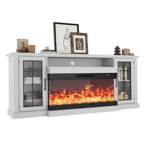 Garvee Modern Farmhouse Fireplace Stand with 3-Sided Glass, Adjustable LED Flame, Glass Doors & Storage Shelves, Electric Console Table for Living Room, Fits Entertainment Units Up to 85 Inches