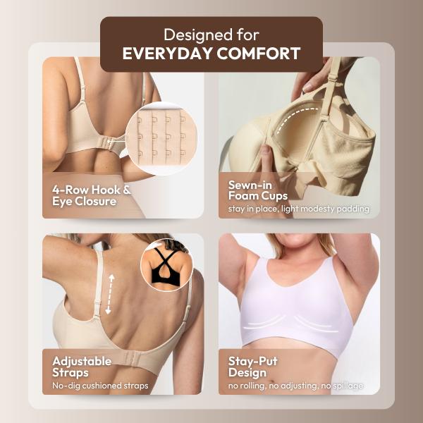 Underoutfit Comfort Shaping Bra with Adjustable Straps Wireless Support No Underwire Seamless T-Shirt Bra for Women Breathable Lift and Support Smooth Fabric Hook and Loop Closure Soft Knitted Nylon Spandex Everyday Bra