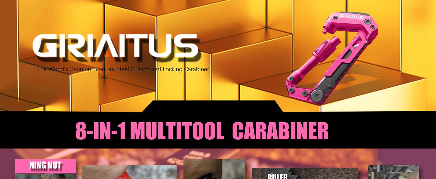 Multitool Carabiner with Pocket Knives, EDC Carabiners, Folding Serrated Knife, Can Bottle Opener, Rope Cutter, Screwdriver, Keychain Knife for Camping Hiking, Gifts for Women/Men (Pink)