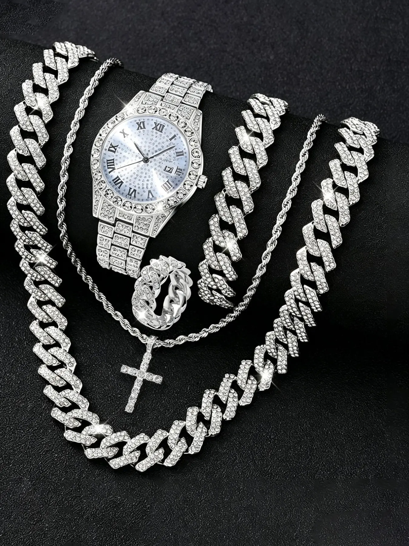 Men's Silver-Tone Watch & Jewelry Set, Rhinestone Watch with Calendar, Includes Cuban Link Chain, Cross Necklace, Bracelet and Ring, Perfect Gift for Christmas & Birthdays, Trendy Watch Set, Exquisite Watch Set