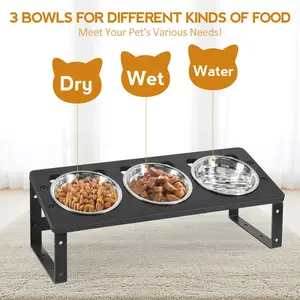 Elevated Cat Bowls, 15°Tilted Raised Cat Bowls for Food and Water, Pet Bowls for Indoor Cats Puppy, Adjustable Dog Bowls Stand with 3 Stainless Steel Feeder Bowls Anti Vomit Dishwasher Safe 6.35*5.9*16.2 in