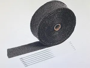 Universal 2" x 50ft Black Exhaust Heat Wrap Fiberglass Shield Tape with 6 Stainless Steel Ties for Car & Motorcycle Performance