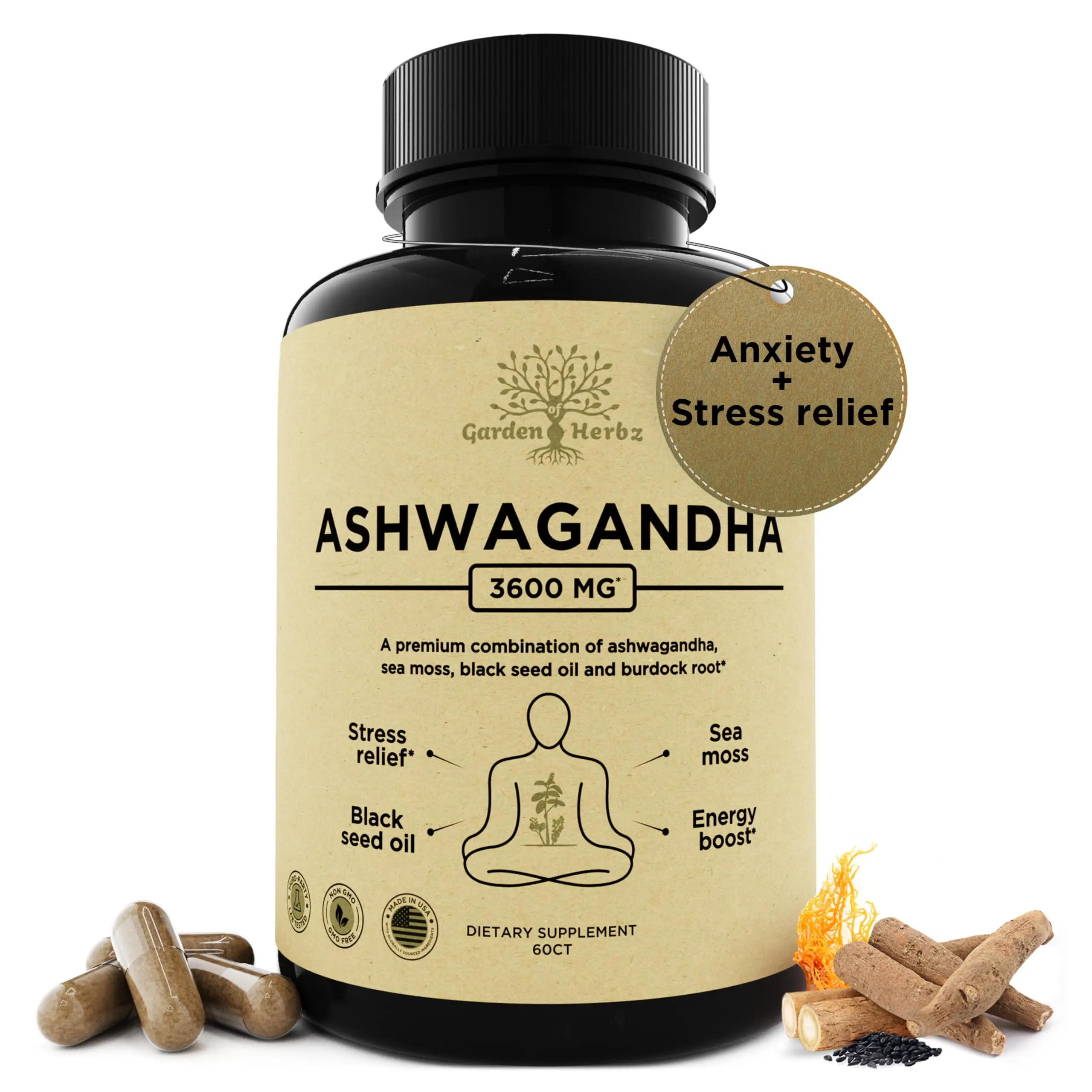 Garden of Herbz Organic Ashwagandha Pure Extract Supplement - Made in USA, Botanical Calming Aid with Black Cumin Seed, Immune System Support Vitamin for Daily Nutritional Wellness, Mother's Day Gift