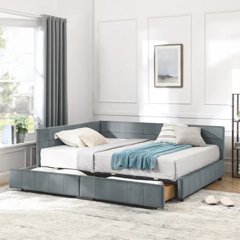 Grey French Country Upholstered Tufted Velvet Full Size Storage Daybed Frame - Eucalyptus Wood, Composite Leather, Cozy Backrest, Elegant Armrests, 2 Storage Double Drawers, Durable Versatile, 80.5"w x 59"d x 29.5"h, Assembly Requires, Storage Drawers