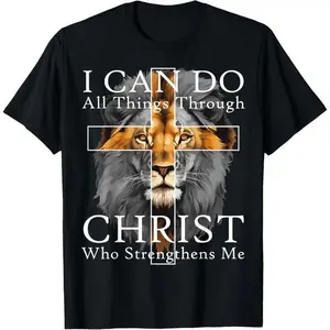 [ Cotton] Powerful Lion And Cross T-Shirt With Inspirational Bible Verse.