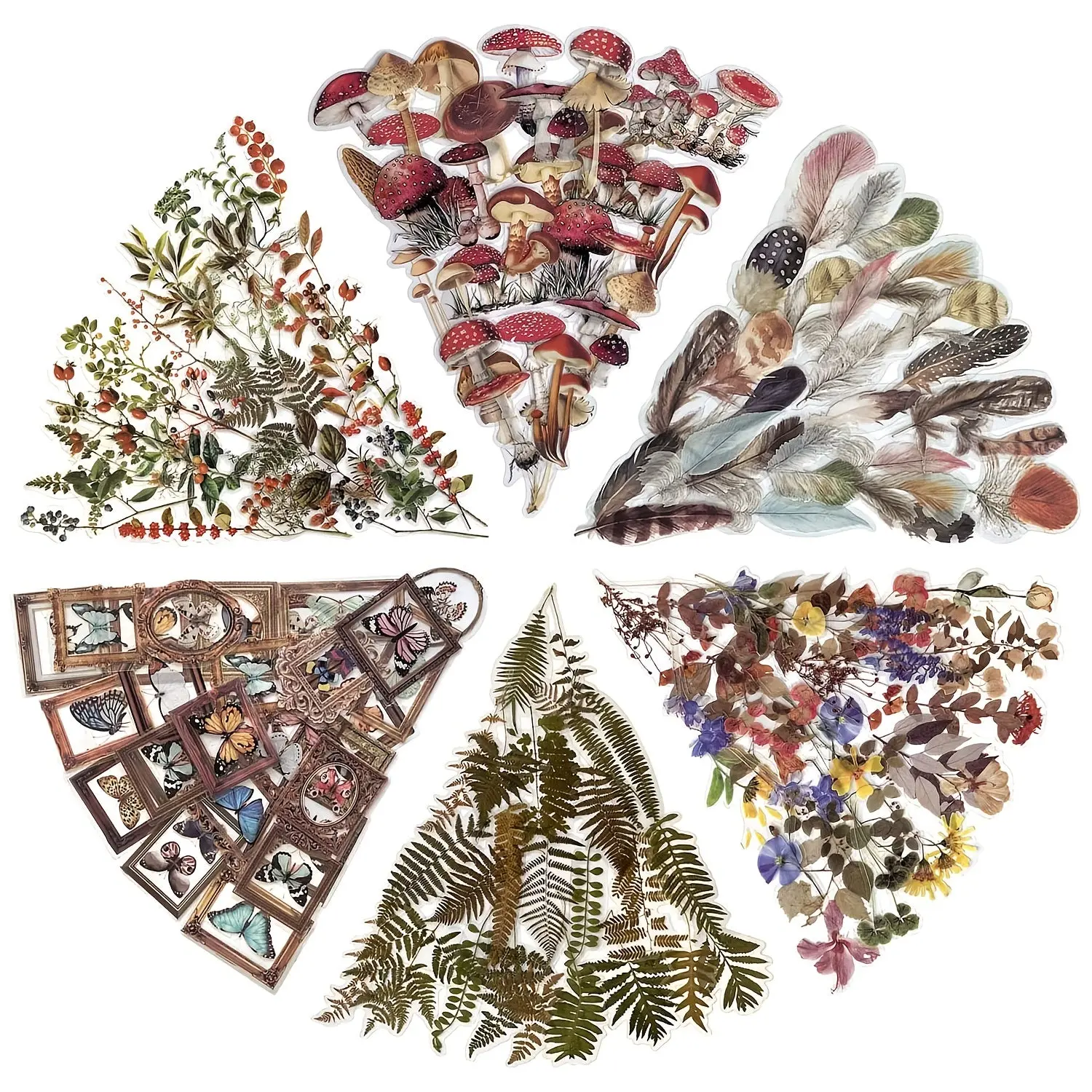 Mohamm 240-Pc Water Resistant Durable Adhesive PET Transparent Stickers - 3.54x4.72 Inches Vivid Print, Floral, Mushroom, Butterfly, Fern Nature Designs, DIY Embellishment Decals for Scrapbooking, Office Stationery Labeling, Satisfaction Guarantee, Adhesi
