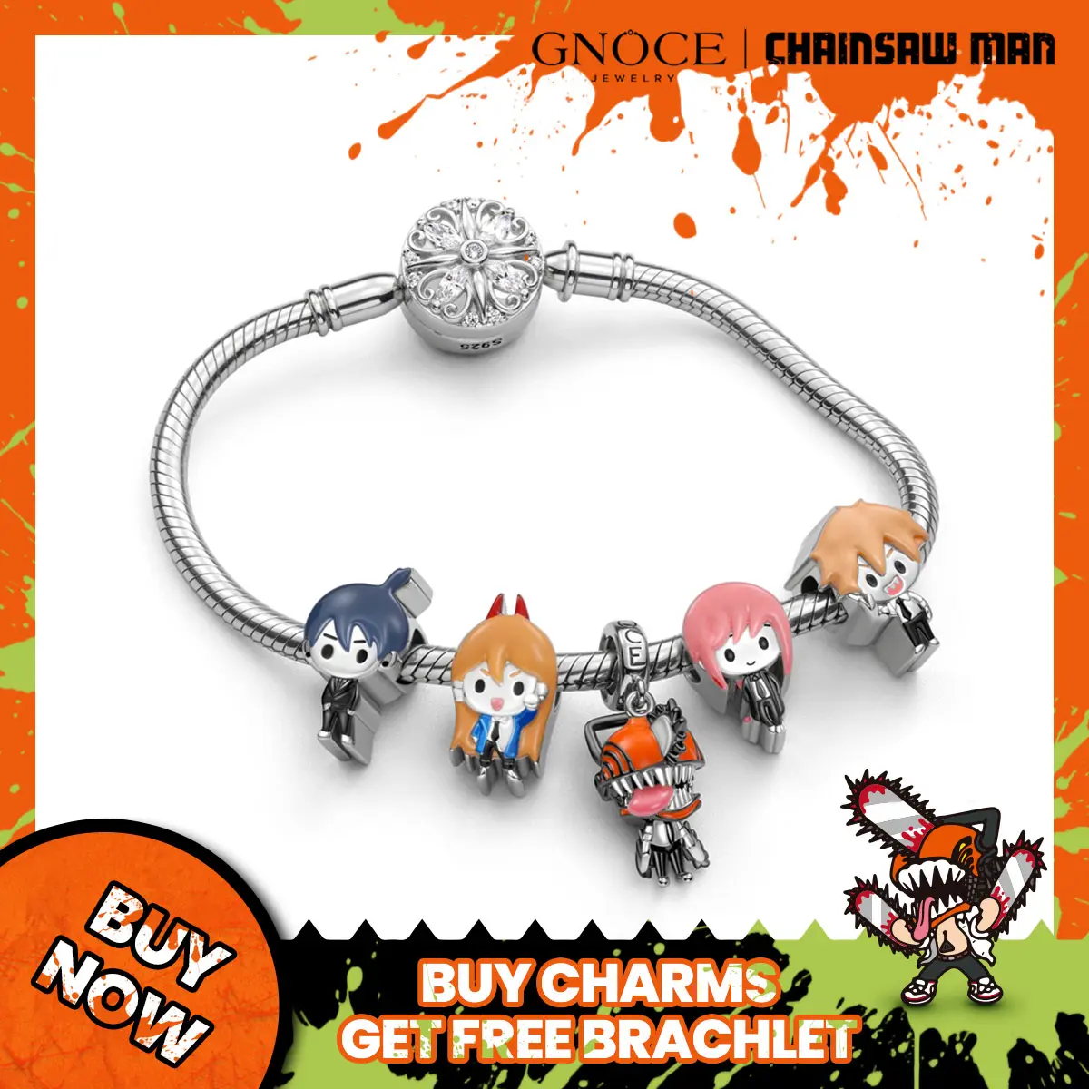 GNOCE S925 Sterling Silver Chainsaw Man Anime Character Charm - Enamel CZ, 0.45cm, Unisex, Charm Hole, Fits Snake Chain Bracelets & Major Brand Snake Bracelets, Silver Necklace Accessory, Gift for Fans of Chainsaw Man