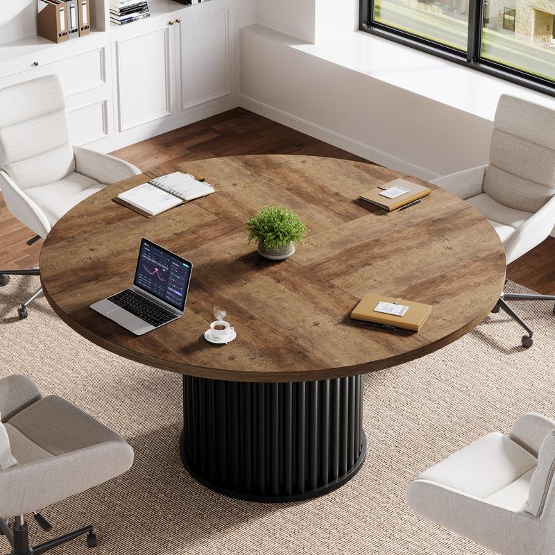 LITTLE TREE 47-Inch Round Conference Table, Meeting Table for 4-6 People, Small Office Desk with Sturdy Metal Base, Perfect for Conference Room or Small Workspaces