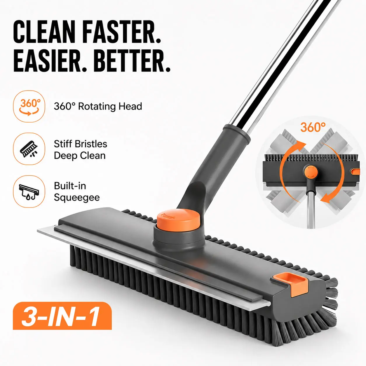 3-in-1 Floor Scrub Bathtub Brush with Long Handle, Double-Sided, Heavy-Duty Stiff Bristles & Squeegee – Scrape & Scrub for Shower, Bathroom, Patio, Garage, Kitchen, Wall & Deck – Home Cleaning duster brush   floor drain brush