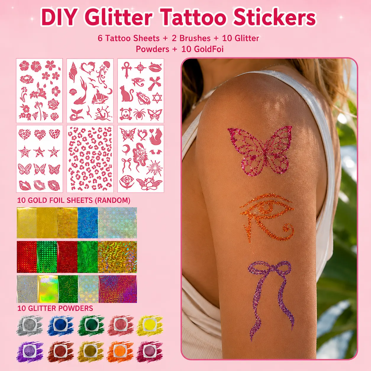Glitter Tattoo Kit Stickers with 60+ Trendy Designs, 6 Sheets Temporary Glitter , 10 Vibrant Glitter Powder Colors and 2 Brushes,Shimmer Body Art Makeup Set,Perfect for Birthday Parties, Festivals, Concerts, Summer Events, Creative Crafts
