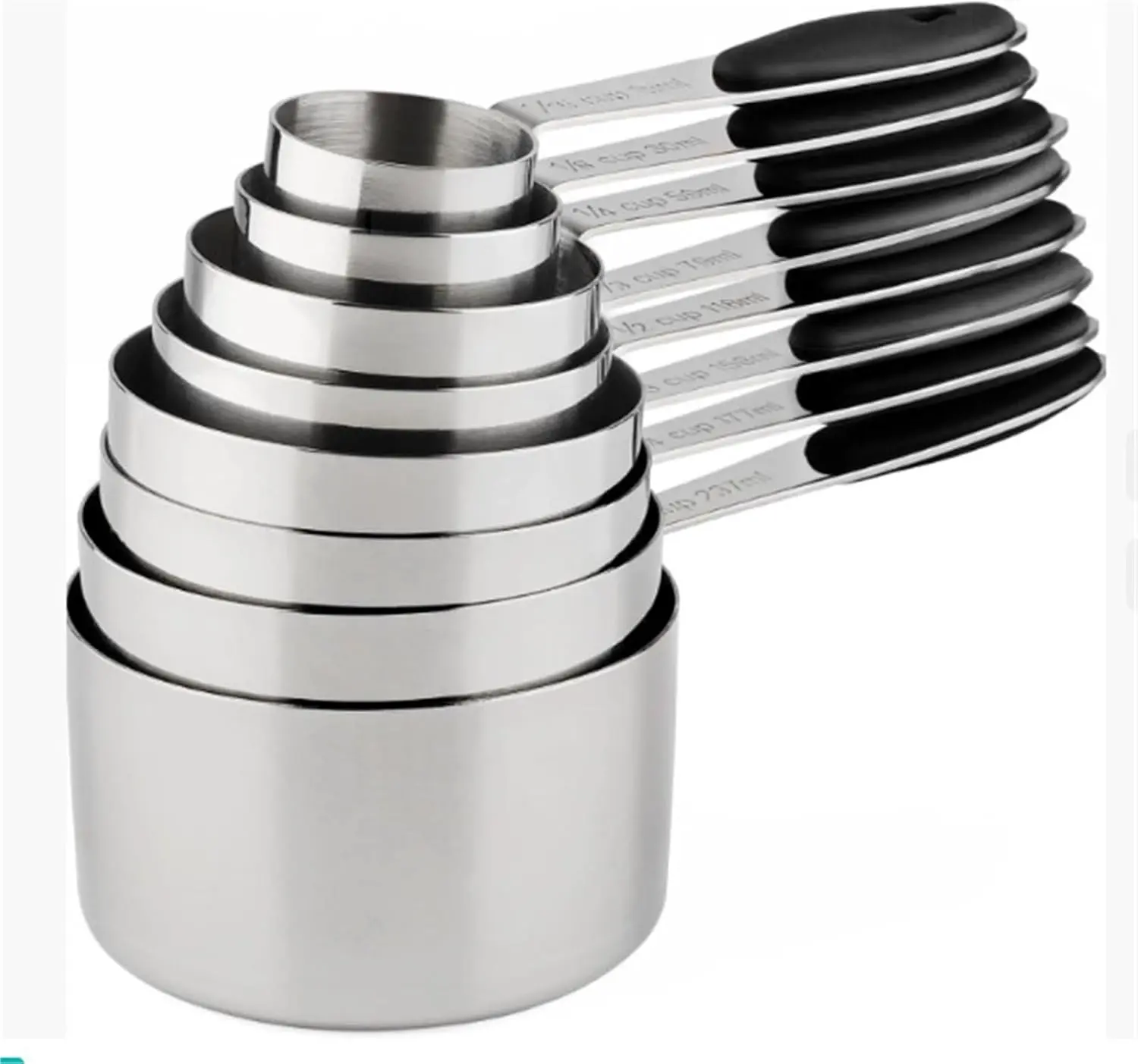 8-Piece Black Stainless Steel Measuring Cup Set with Silicone Handles, Accurate Graduated Sizes (0-500 ml, 1/3 Cup Included), Dishwasher Safe, Space-Saving Sturdy Kitchen Utensils for Cooking Baking