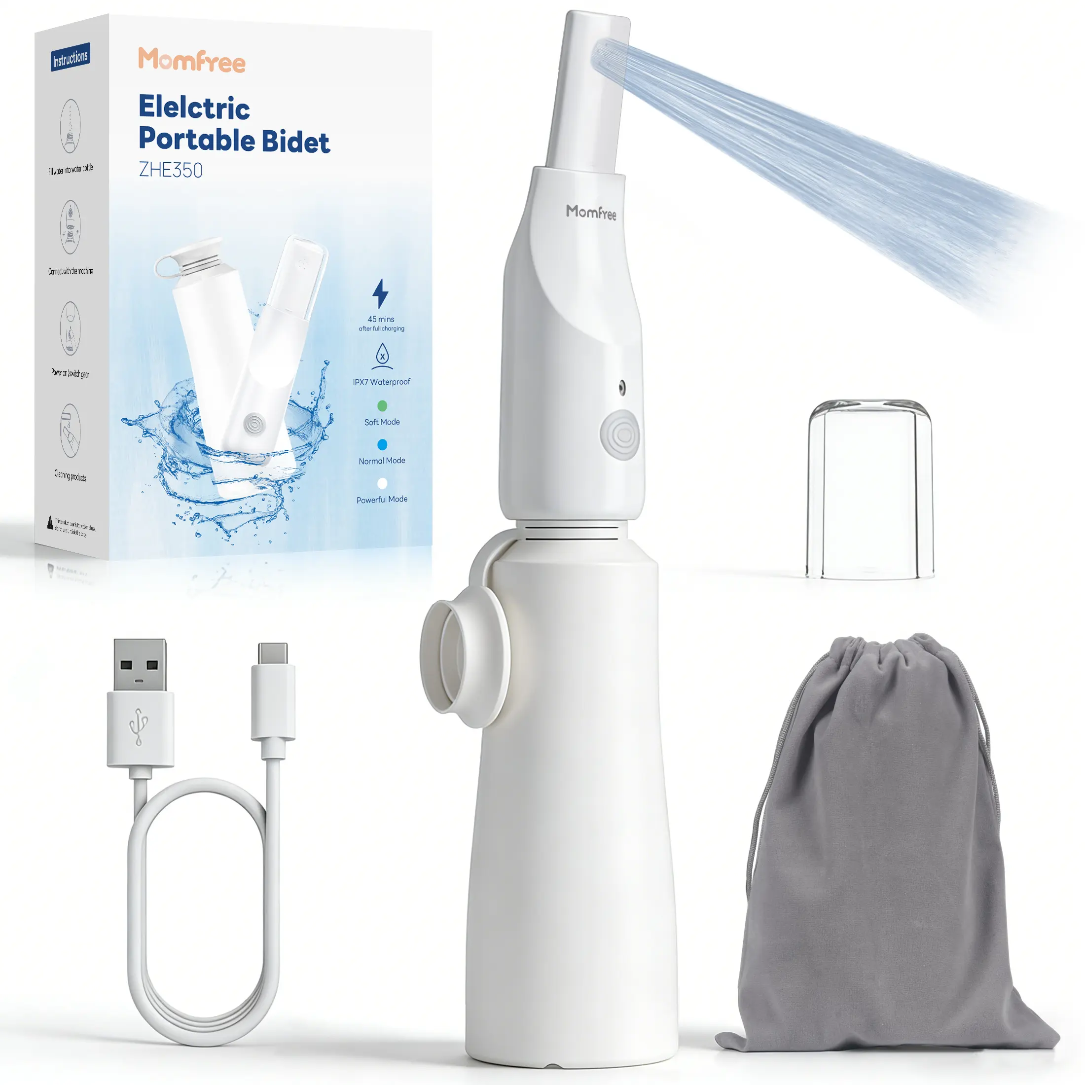 Portable Bidet for Travel - Rechargeable Electric Travel Bidet Peri Bottle with Adaptor & 3 Speed Modes, IPX7 Waterproof Portable Bidet for Women Men Baby Pregnancy Postpartum Personal Hygiene