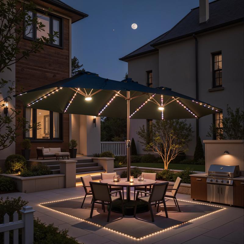 【Rainbow Lights & Base】Ovios 15ft Double-Sided Patio Umbrella with RGB Solar Lights, Outdoor Large Umbrellas with Crank Handle and 36 LED Lights, Rectangular Market Umbrella with Base Included for Deck Pool Shade