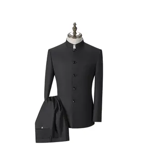 New Style Men's Slim Chinese Groom's Dress Suit Formal Business Chinese Tunic Suit Stand Collar Wedding Button 2pcs Suit Blazer Coats Long Sleeve