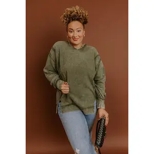 Modern Cozy Vintage Wash Ribbed Sweatshirt in Olive Curves