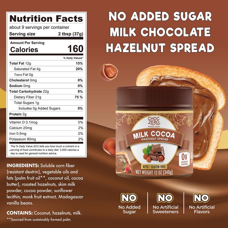 ChocZero Milk Chocolate Hazelnut Spread - No Added Sugar, Keto Friendly Low-Carb Chocolate Hazelnut Dessert & Bread Topping, Gluten Free, High Fiber, 12 oz Jar, Sweet