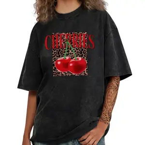 Washed Crewneck T-Shirt for Women – Cherry and Leopard Graphic Acid Wash Streetwear