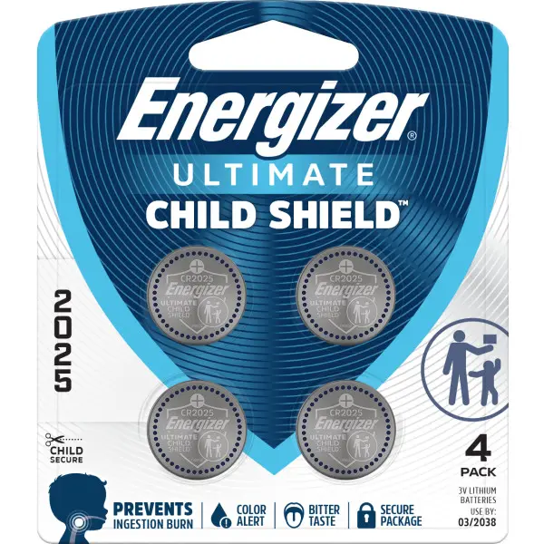 Energizer Ultimate Child Shield CR2025 Batteries (4 Pack), 3V Lithium Coin Batteries, Compatible with Watches, Key Fobs, Remotes, and More