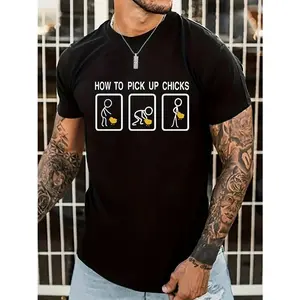 How To Pick Up Chicks Print Men's Crew Neck Fashionable Short Sleeve Sports T-shirt,  Comfortable And Versatile,  For Summer And Spring,  Athletic Style,  Comfort Fit T-Shirt,  As Gifts