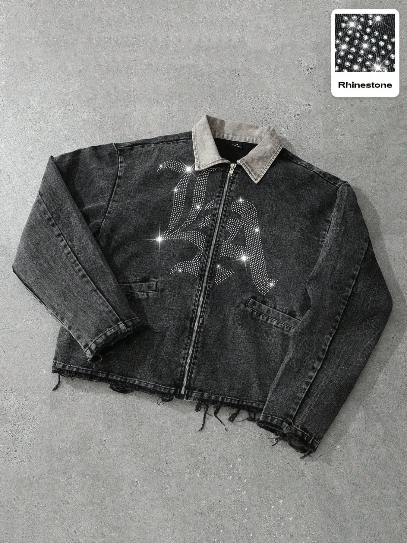 Men's Fashion Classic Distressed Denim Jacket, Ripped Jacket, Rhinestone Letter Print, Casual Street Style, Commuter Mood, Vintage Rocker Jacket, Star Design, Long Sleeves, Pocket Ripped Coat, Autumn Denim Jackets, Coats, Fabric, Menswear