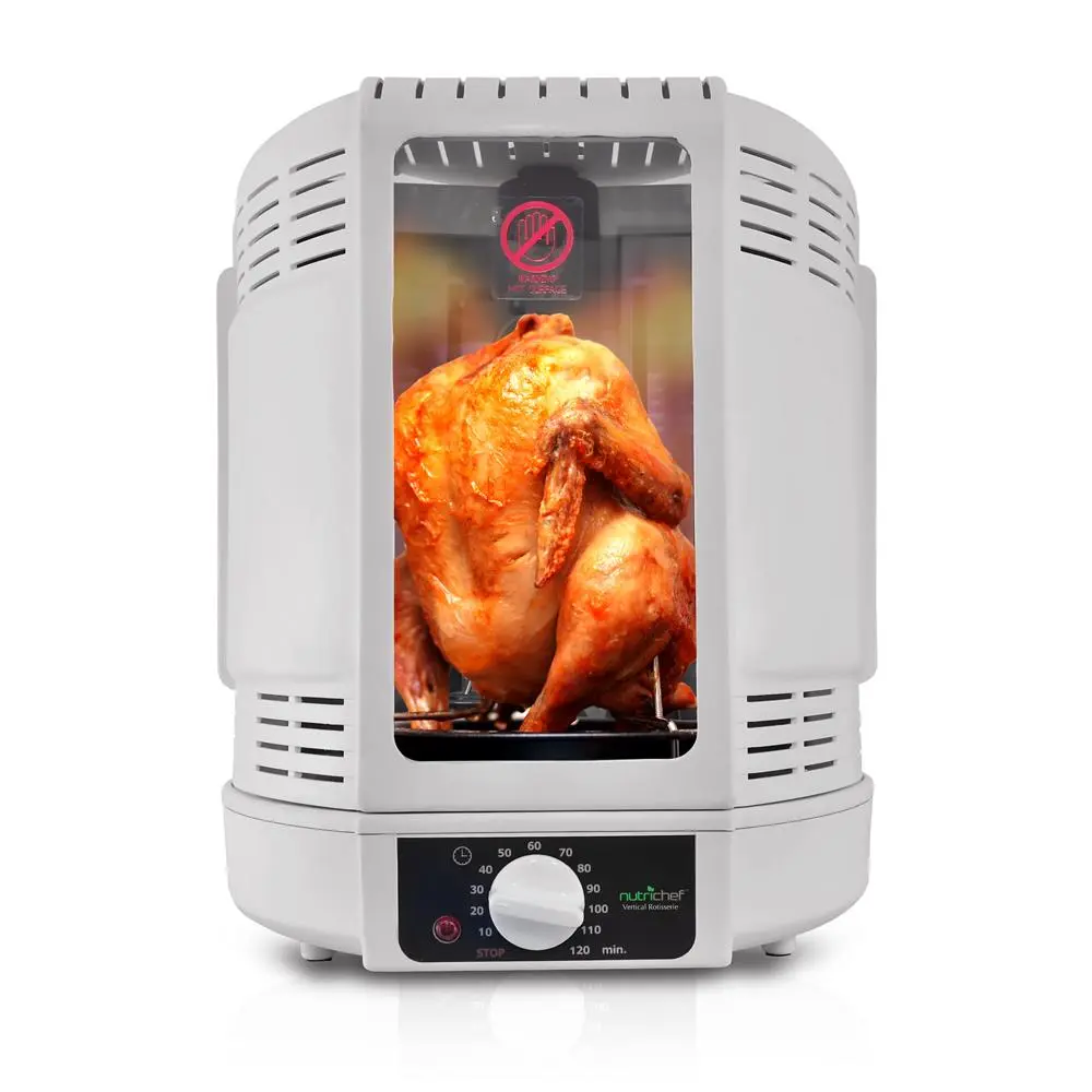 Nutrichef 700W Vertical Rotisserie Countertop Oven - White Electric Roaster with 360° Rotation, Dual Heating Elements, Auto Shut-Off, Nonstick Drip Tray, Skewer Set - For Chicken, Beef, Pork, Steaks - Kitchen Appliance