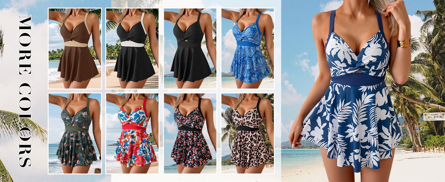 Aidonger Swimdress for Women Tummy Control One Piece Swimsuit V Neck Twist Front Cross Back Bathing Suit for Large Bust