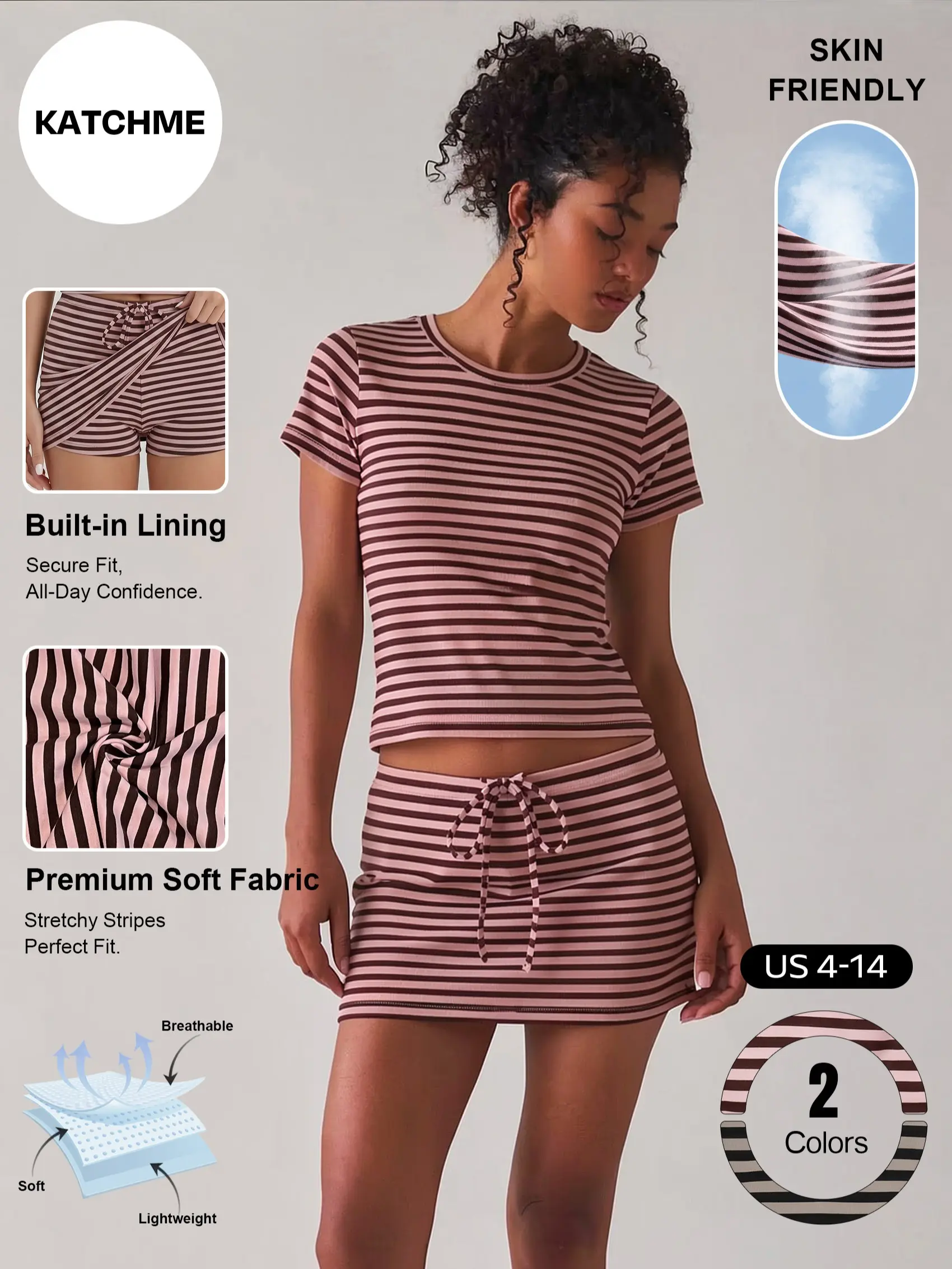 Katch Me Chic Women's Leisure Striped Round Neck Short Sleeve Top & Drawstring Decor Skirt Co-ord, Premium Breathable Cotton Two Piece Sets, Summer Wrinkle-Resistant Stretch Daily Outfit