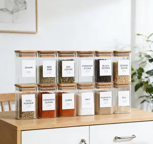 Glass Food Storage Containers with Bamboo Lids - 12 Pack Square Airtight Canisters for Kitchen Pantry Organization, Spice Jars for Sugar, Coffee, Tea, Flour - BPA Free & Food Safe Bottles Tin Organiser