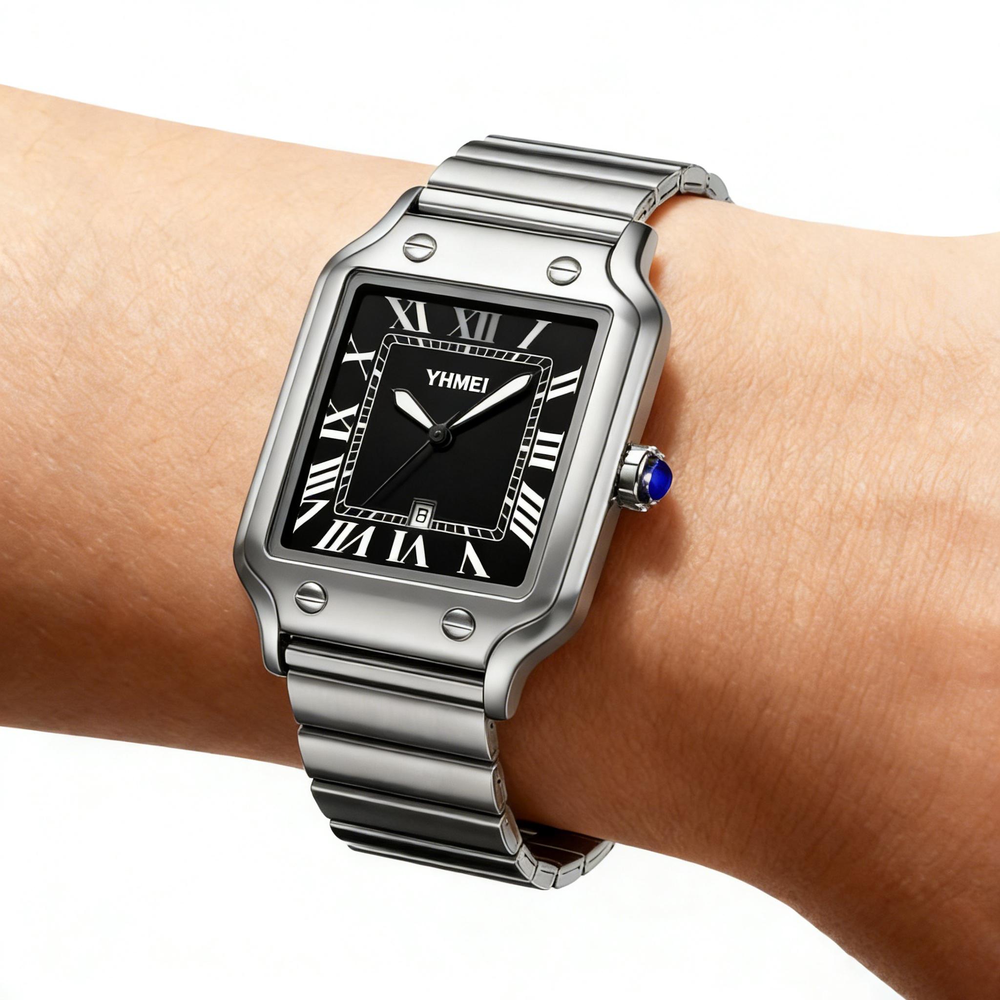 [Mother's Day Gift]Unisex Silver Square Watch Roman Numerals Date Display - Luxury Stainless Steel Analog Waterproof Wristwatch for Men Women - Old Money Aesthetic Style - Classic Business Casual Fashion Gift