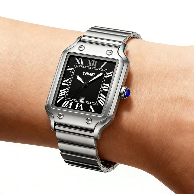 [Mother's Day Gift]Unisex Silver Square Watch Roman Numerals Date Display - Luxury Stainless Steel Analog Waterproof Wristwatch for Men Women - Old Money Aesthetic Style - Classic Business Casual Fashion Gift