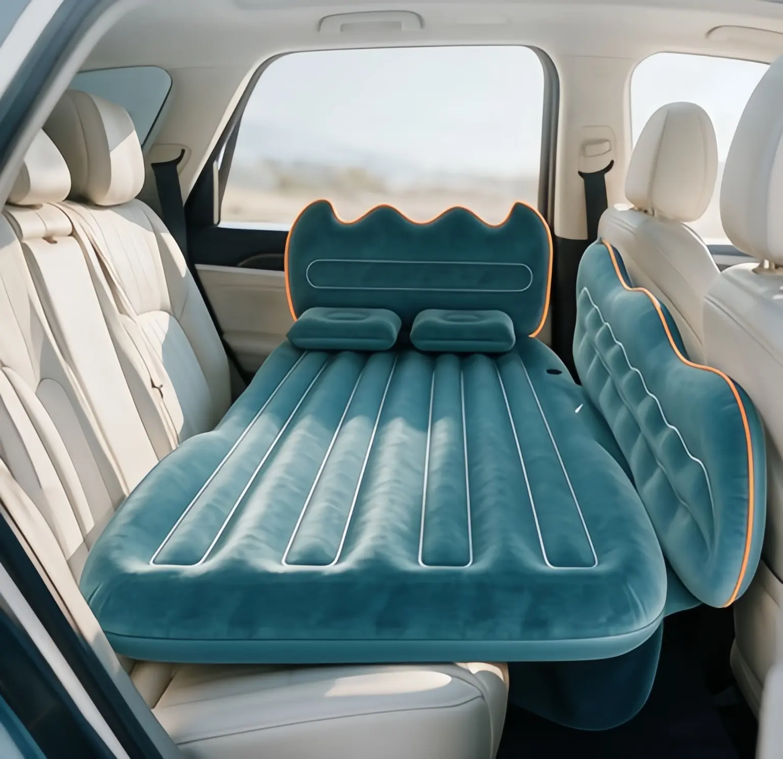 Inflatable resting bed with cup and storage compartments, suitable for camping and road travel, thick and leak proof mattress (with portable hand pump)