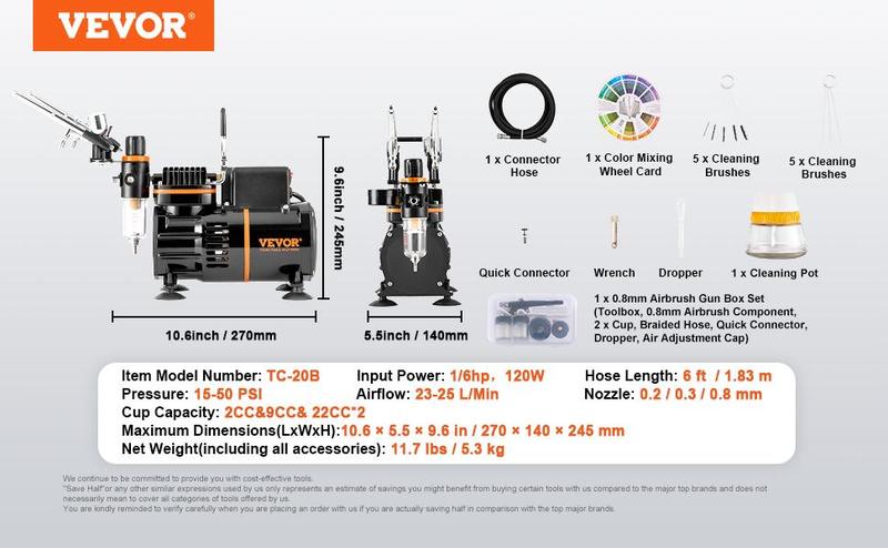 VEVOR Airbrush Ensemble,  Expert Airbrush Kit with Compressor, Multi-Use Dual-Action Gravity Feed Airbrush System for Art, Nails, Cookies, Tattoos