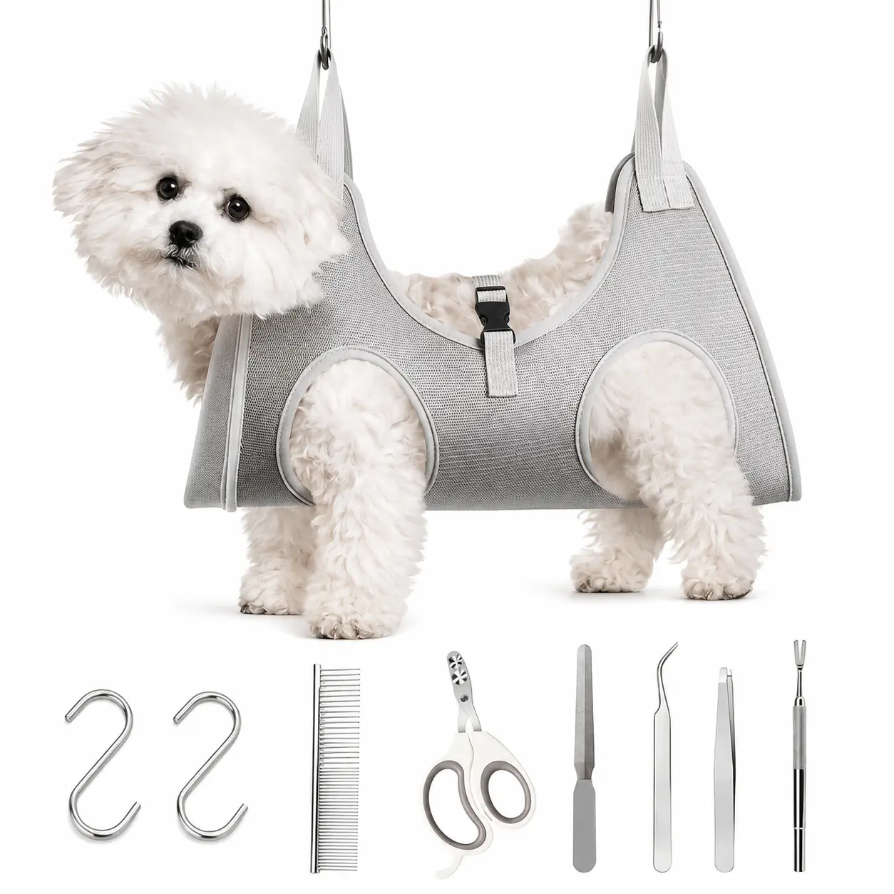 Cat Grooming Hammock Kit | For Cats & Dogs up to 17 lb, Hanging Harness and Sling for Nail Trimming, Includes Clippers/Trimmer, File & Comb, Gray S