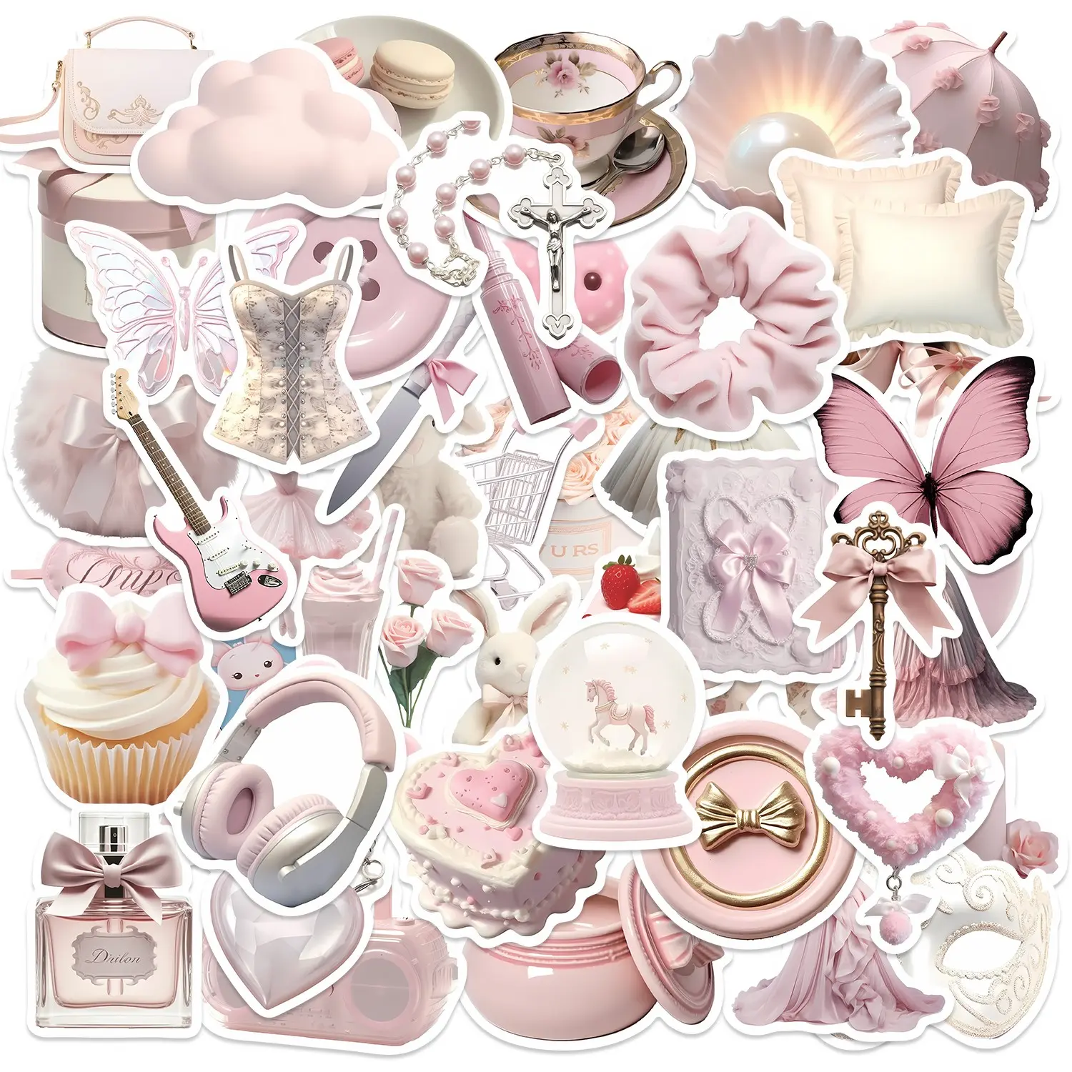 50pcs Pink Coquette Aesthetic Self Adhesive Stickers Pack, Diy Decorative Stickers, Diy Sticker, Waterproof Vintage Girly Decals for Laptop, Water Bottle, Journal & Scrapbook, Feminine Lover Gift