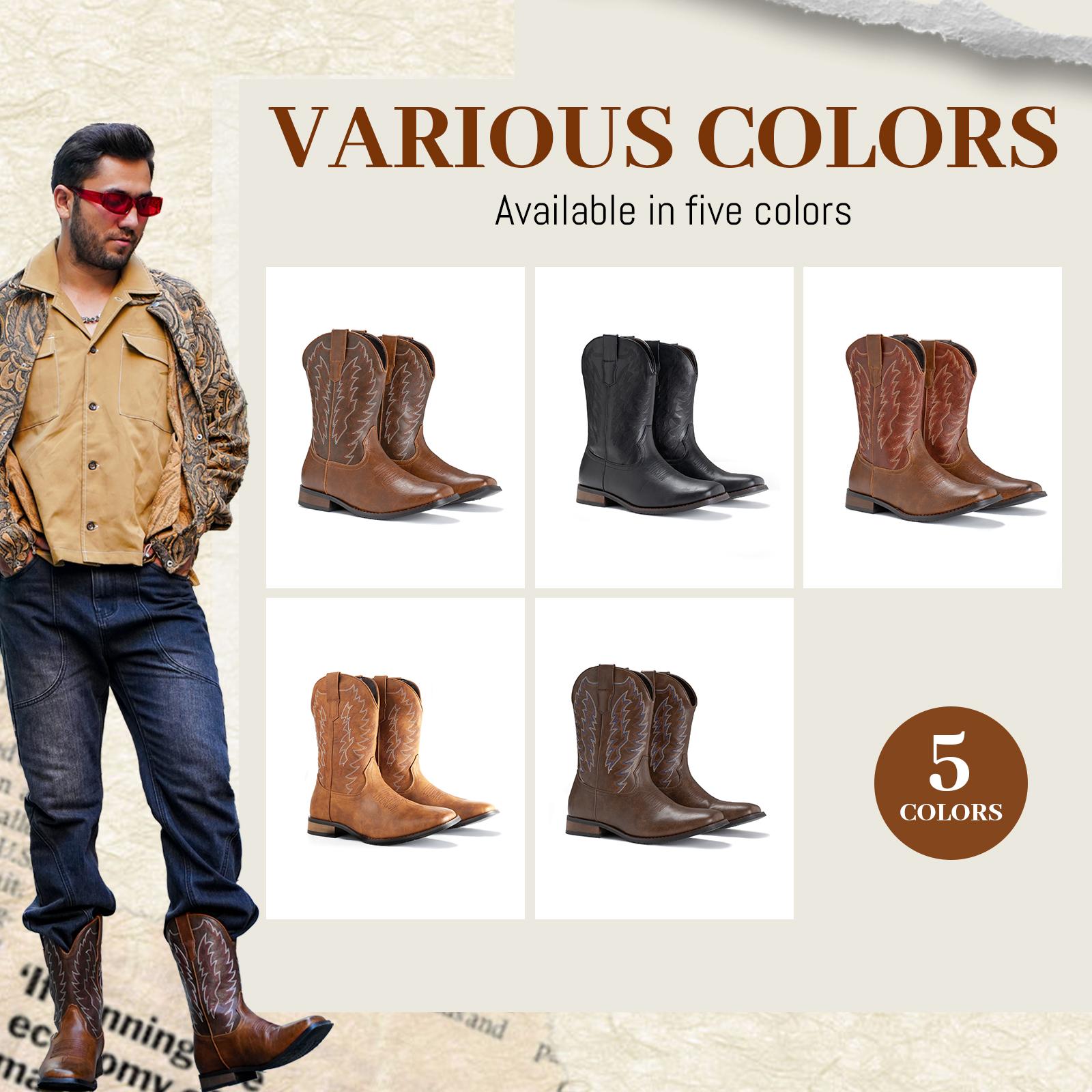 IUV Cowboy Boots For Men With Square Toe Retro Western Boots With Embroidered, Slip Resistant,Chunky Heel Ankle boots,Comfortable Shoes,Footwear Walking shoes