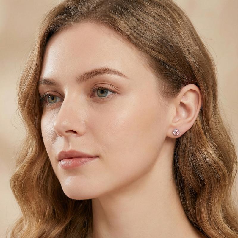 【Celestial Rose Trio】Delzzad Pink Four-Prong Stud Earrings Necklace Ring Band Set Pink Synthetic Moissanite Set Copper Jewelry Set Perfect Birthday Engagement Wedding Anniversary Christmas Valentine's Day Gifts