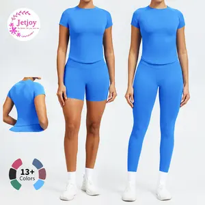 Jetjoy Seamless 2 Piece Workout Sets for Women Pink Short Sleeve T Shirt Tank Top & Scrunch Bum Shorts High Performance Activewear Fitness Training Clothes