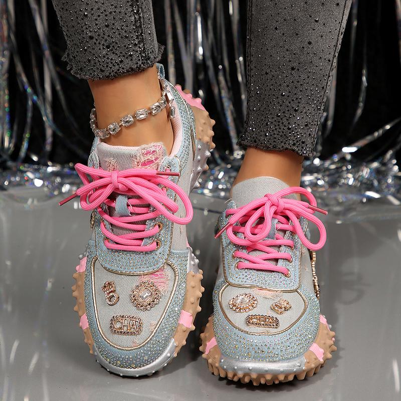 Women Casual Rhinestone-Embellished Sneakers Fashion Beaded Walking Shoes Outdoor Non-Slip Flat Shoes