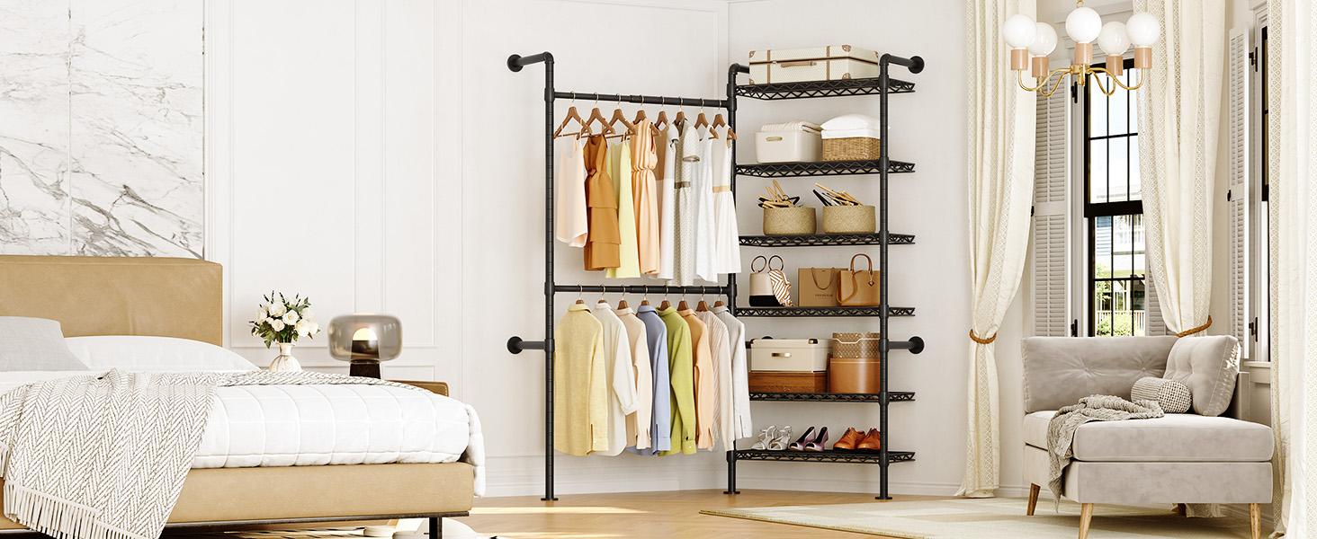 【SPOTLIGHT DAY】ONBRILL H3 Wall Mounted Closet System Expandable Industrial Pipe Clothes Rack with 4 Telescopic Rods & 6 Mesh Panels for Flexible Storage in Wardrobe
