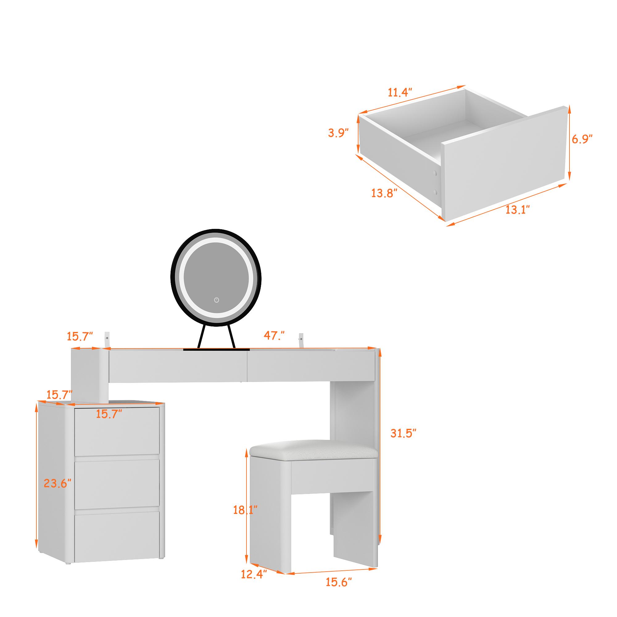 FUFU&GAGA Large Vanity Table Set Makeupdesk Dressing Table with Mirror Dresser Desk and Cushioned Stool Set (Slidding Lighted Mirror)