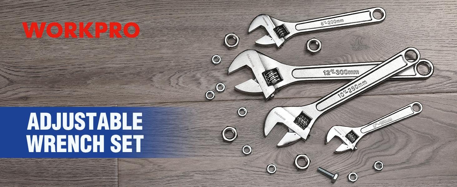 #JumpstartSale WORKPRO Adjustable Wrench Set, Forged, Heat Treated, Chrome-plated (6-inch, 8-inch, 10-inch, 12-inch)