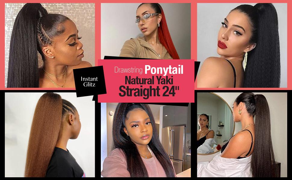 Instant Glitz Synthetic Drawstring Ponytail Natural Yaki Straight 24"