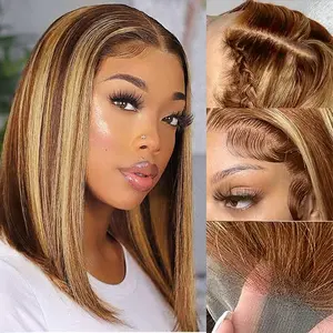 Human Hair Highlight Ombre 13x4 HD Lace Front  Human Hair Wigs  4/27 Honey Blonde Highlight Ombre Bob  Pre Plucked 180 Density Short Bob Wigs for Women Glueless 10 Inch
