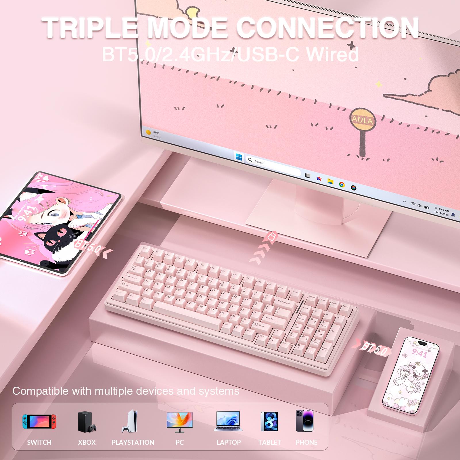 [Silent] AULA F99 Wireless Mechanical Silent Keyboard with Numpad Tri-Mode BT5.0/2.4GHz/USB-C Gasket Hot Swappable RGB Backlit Pre-Lubed Linear Switch Creamy Gaming Keyboard Light Pink