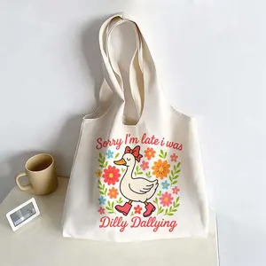 "Sorry I'm Late I Was Dilly Dallying" Cute Duck Canvas Tote Bag - Reusable Shopping Bag for Groceries, Daily Use & Gift
