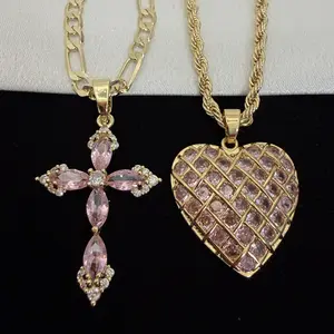 Crystal Cross Diamond Heart Necklace 14k Gold Plated