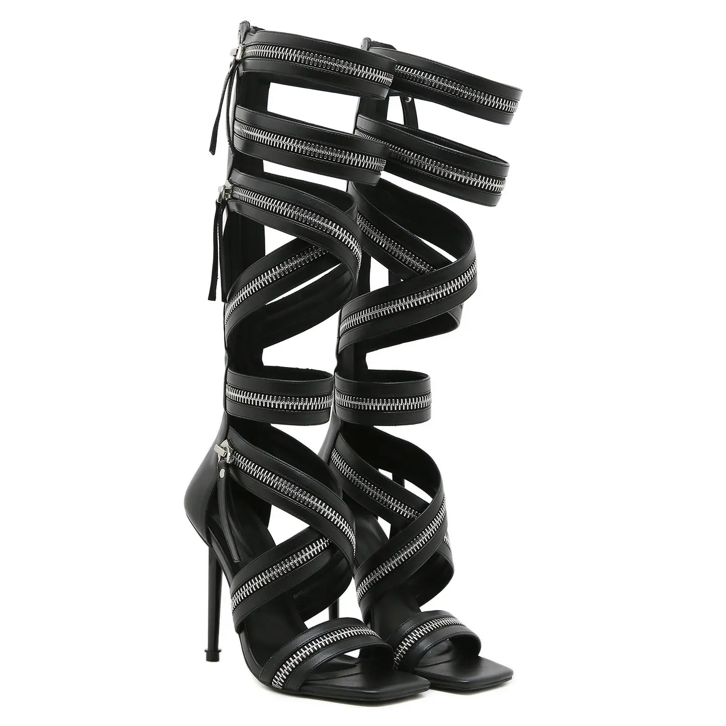 Women's Y2K Preppy Black Studded Knee-High Gladiator High-Heel Sandals - Open Toe Stiletto, Multi-Strap Faux Leather, Back Zipper, Lightweight Footwear, Weight-Conscious Heels for Women, Party Wear