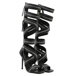 Trending Shoes for Women 2026, Women Knee High Gladiator Sandals, Y2K Black Studded Heels, Open Toe Stiletto High Heels with Back Zipper, Multi Strap Faux Leather Party Club Streetwear Shoes